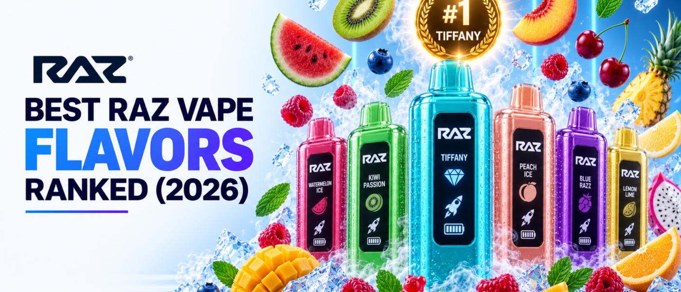 Best RAZ Vape Flavors Ranked (2026) hero image featuring RAZ disposable vapes and the #1 Tiffany flavor.