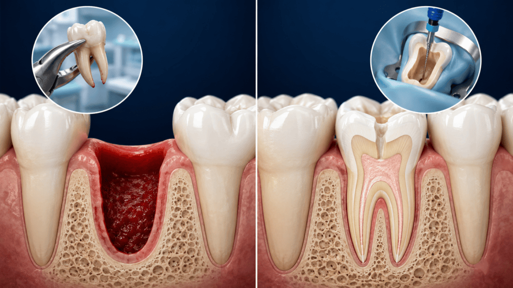 Side-by-side comparison showing a root canal-treated tooth and an extracted tooth with an empty socket.