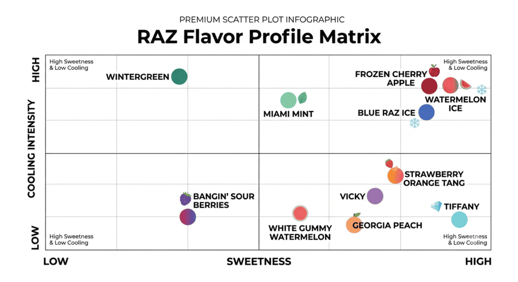 An infographic styled as a scatter plot chart titled "RAZ Flavor Profile Matrix" at the top, with the subtitle "PREMIUM SCATTER PLOT INFOGRAPHIC." The chart visualizes various e-liquid flavors based on two axes: a vertical (Y-axis) labeled "COOLING INTENSITY" (ranging from LOW to HIGH) and a horizontal (X-axis) labeled "SWEETNESS" (ranging from LOW to HIGH).