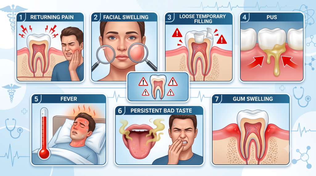 Medical infographic showing symptoms that require contacting a dentist after a root canal.
