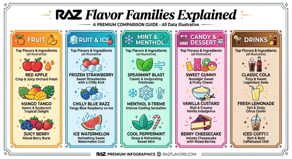 A colorful and detailed infographic titled "RAZ Flavor Families Explained" at the top, subtitled "A PREMIUM COMPARISON GUIDE - All Data Illustrative". The graphic is presented in five distinct vertical columns on a cream background, surrounded by an ornate frame. From left to right, the categories are: