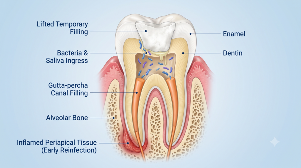 Healthy molar restored with a permanent dental crown after successful root canal treatment.