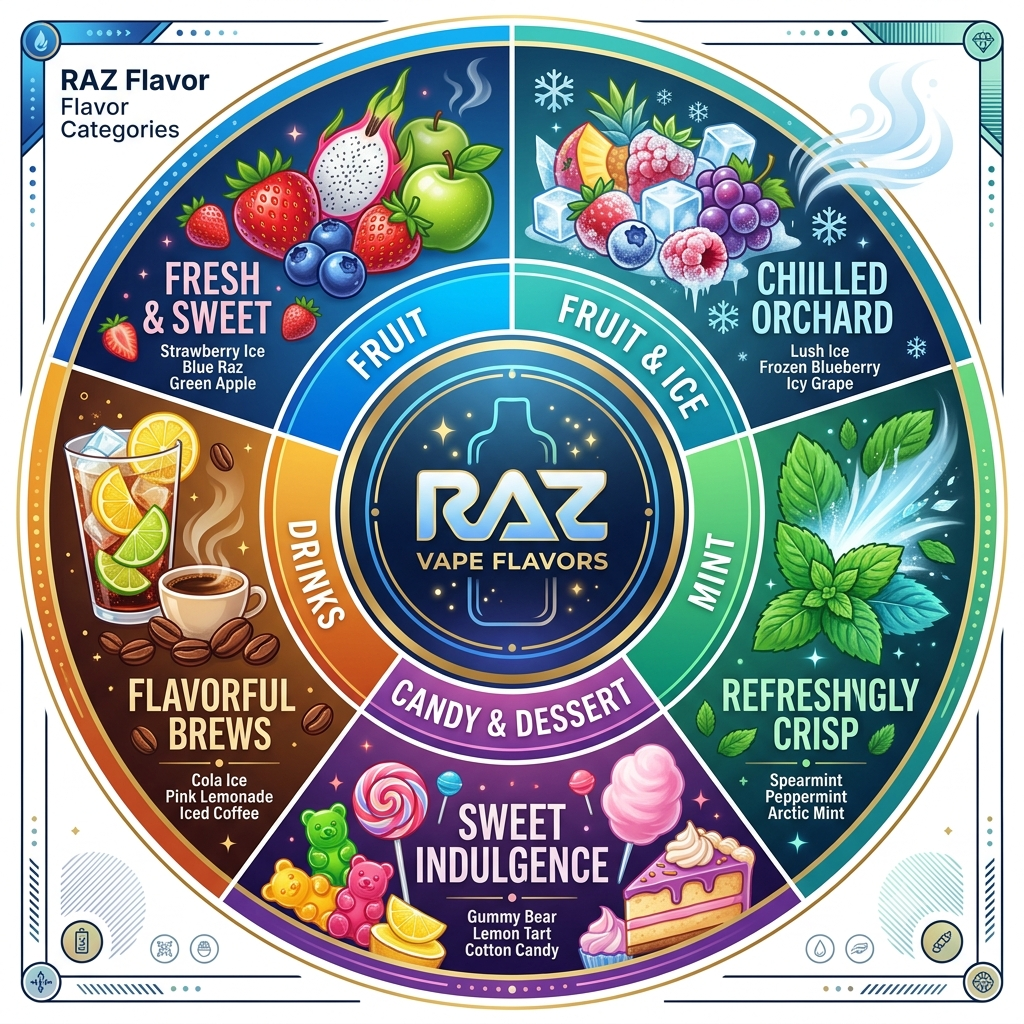 A colorful, circular infographic chart titled 'RAZ Flavor Categories' breaks down five groups of vape flavors, with illustrations of ingredients and a central 'RAZ VAPE FLAVORS' logo inside a vape bottle outline. The five categories are:
